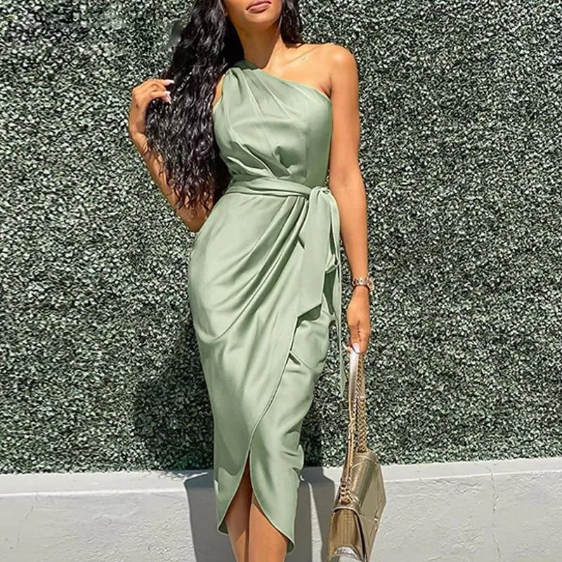 Vintage  Asymmetrical One Shoulder Sleeveless Bodycon Women Dress