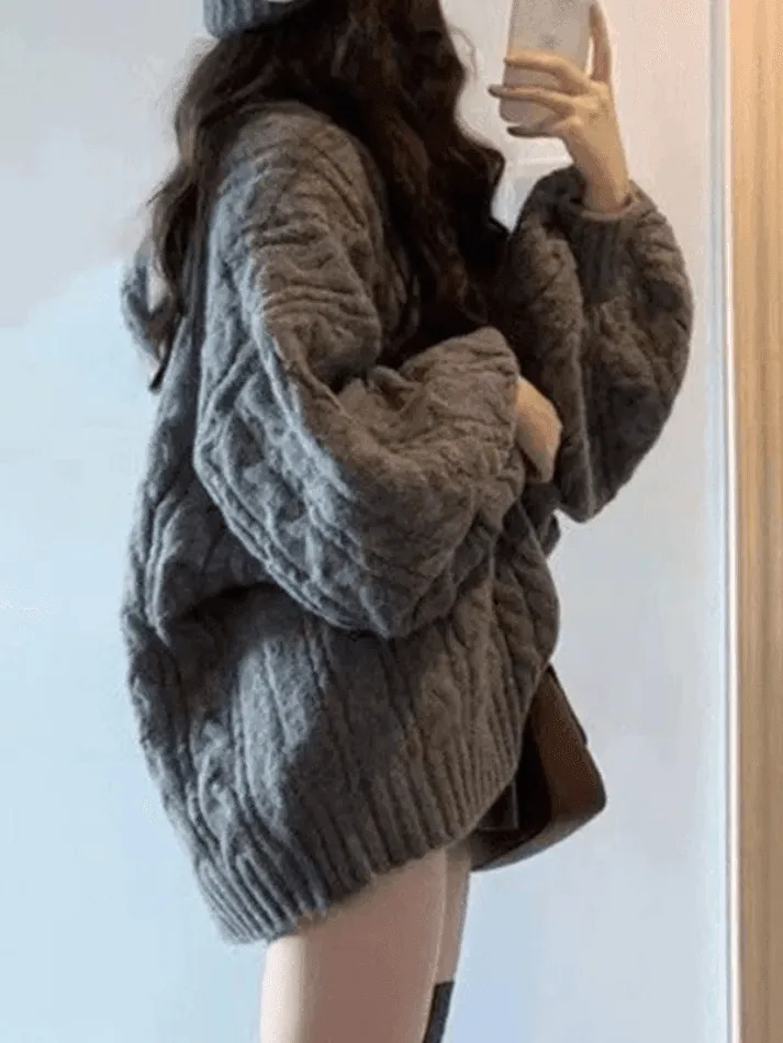 Wenkouban-Spring Casual Outfits Y2K Outfits Oversize V Neck Gray Cable Knit Sweater