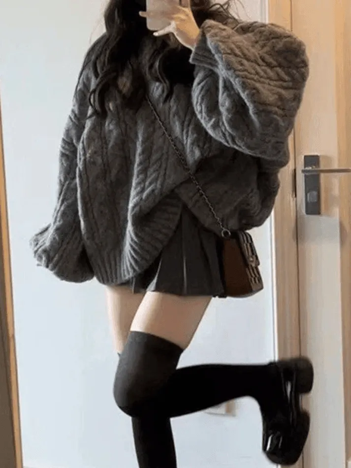 Wenkouban-Spring Casual Outfits Y2K Outfits Oversize V Neck Gray Cable Knit Sweater