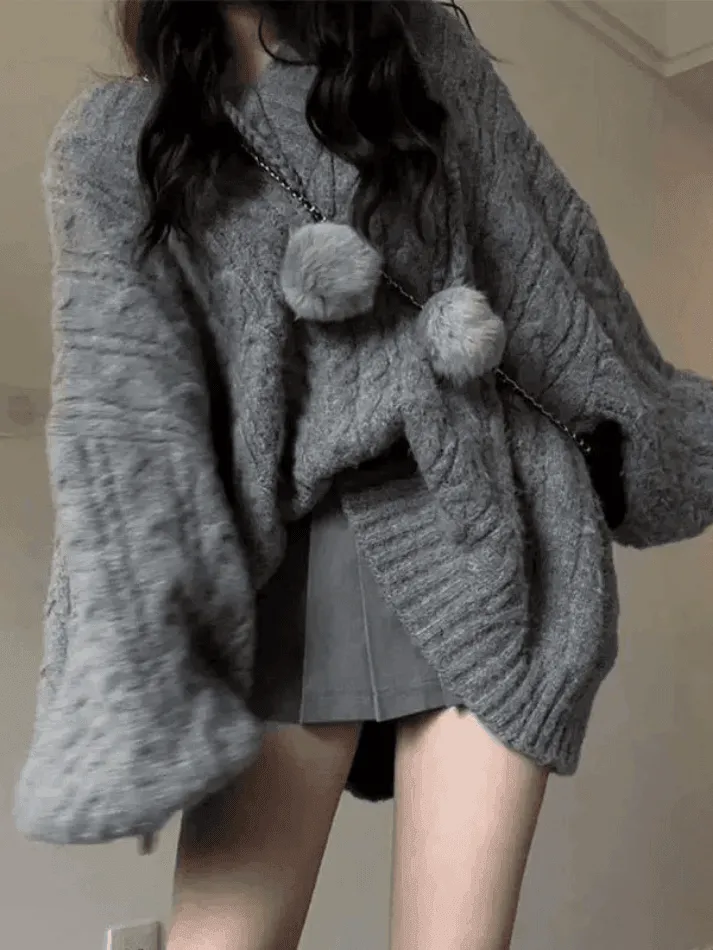 Wenkouban-Spring Casual Outfits Y2K Outfits Oversize V Neck Gray Cable Knit Sweater