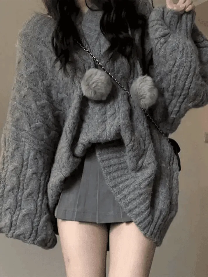 Wenkouban-Spring Casual Outfits Y2K Outfits Oversize V Neck Gray Cable Knit Sweater