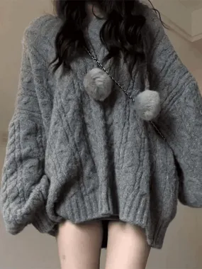 Wenkouban-Spring Casual Outfits Y2K Outfits Oversize V Neck Gray Cable Knit Sweater