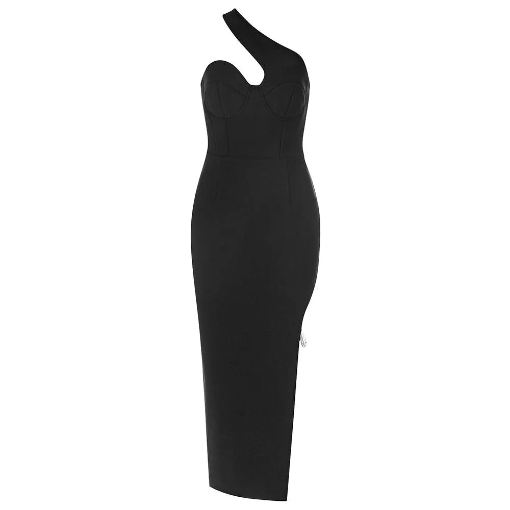 Women's One-Shoulder Midi Bandage Dress with Diamante Embellishment - GFIT SPORTS